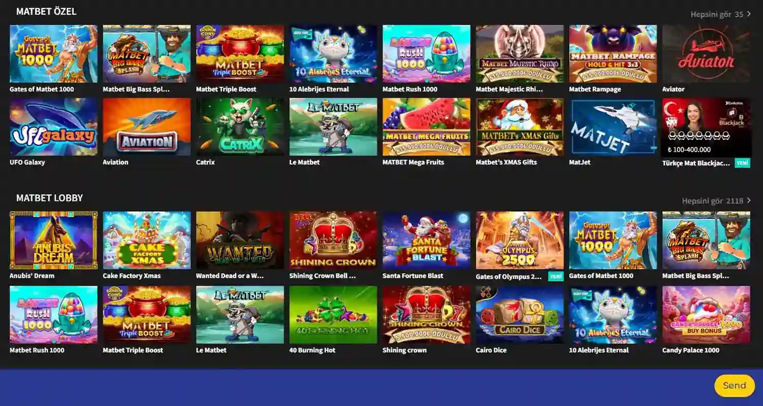 Gates of MatBet 1000 və digər brend oyunları olan MatBet kazino lobbisi