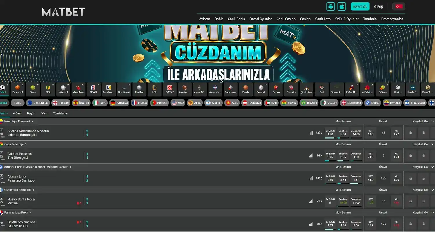 Naviqasiya və canlı hadisələri olan MatBet idman bölməsi