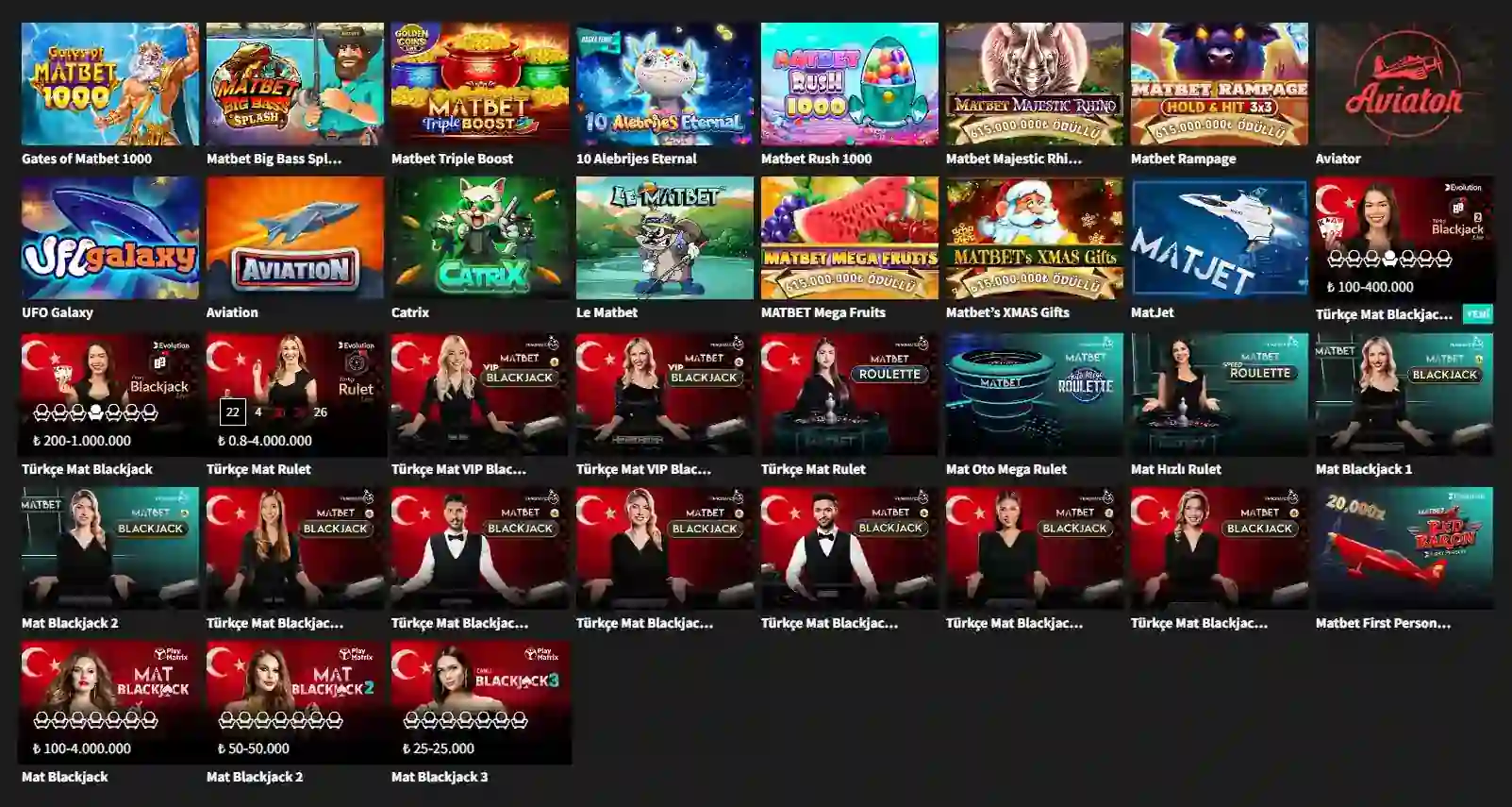 MatBet o‘yin lobbisidagi slotlar, jonli kazino va crash toifalari.