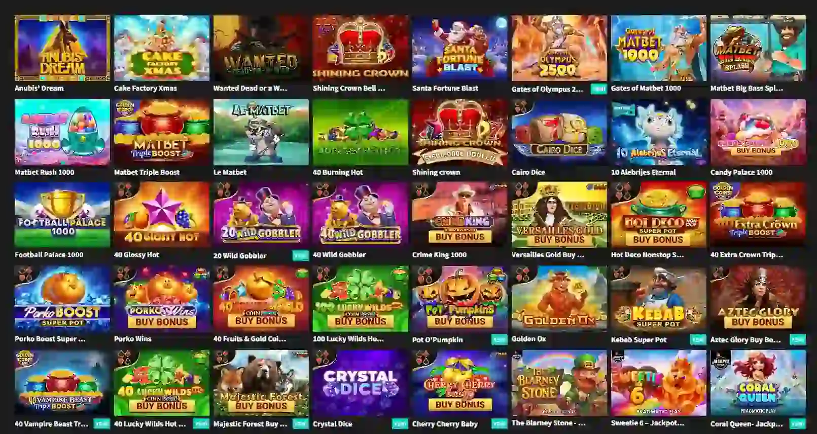 MatBet o‘yin bo‘limidagi Pragmatic Play va EGT guruhlari.
