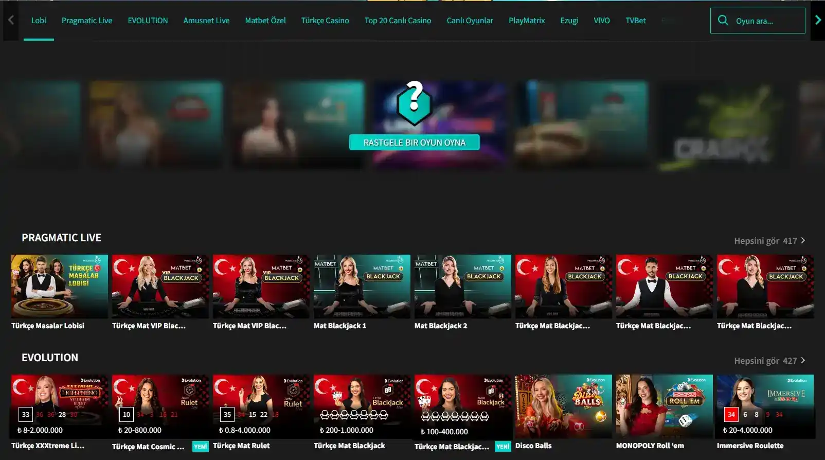 MatBet jonli kazino navigatsiyasi hamda Pragmatic Live va Evolution bo‘limlari
