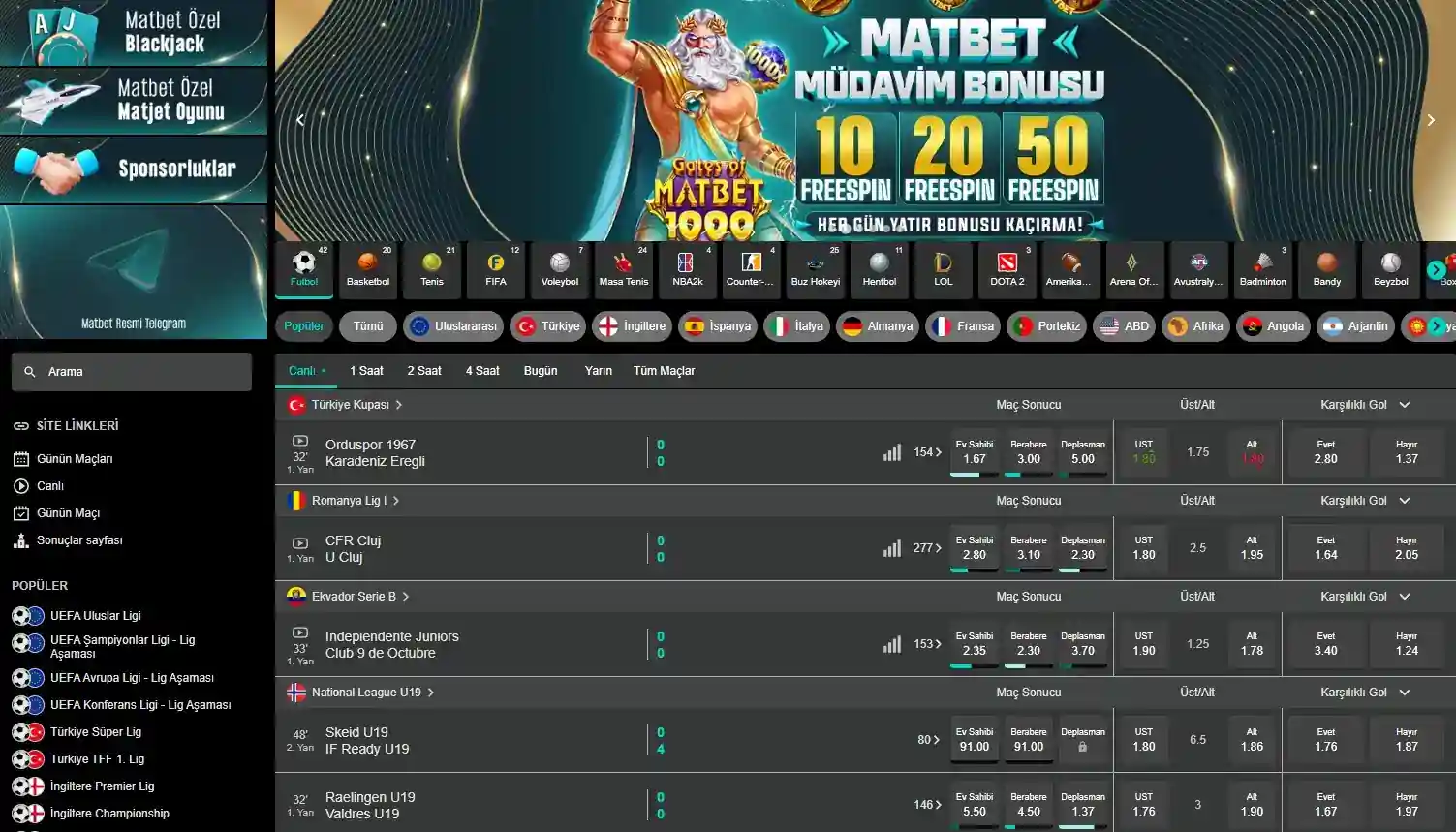 MatBetdagi sport tadbiri va jonli stavka bozorlari