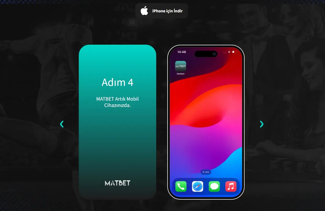 iPhone’dagi MatBet yorlig‘i va ochilgandan keyingi mobil interfeys