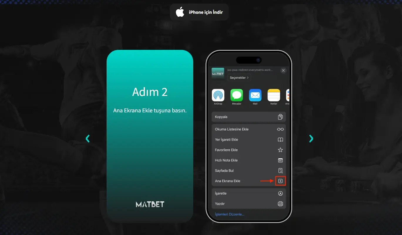 Safari menyusi orqali MatBetni iPhone bosh ekraniga qo‘shish ketma-ketligi