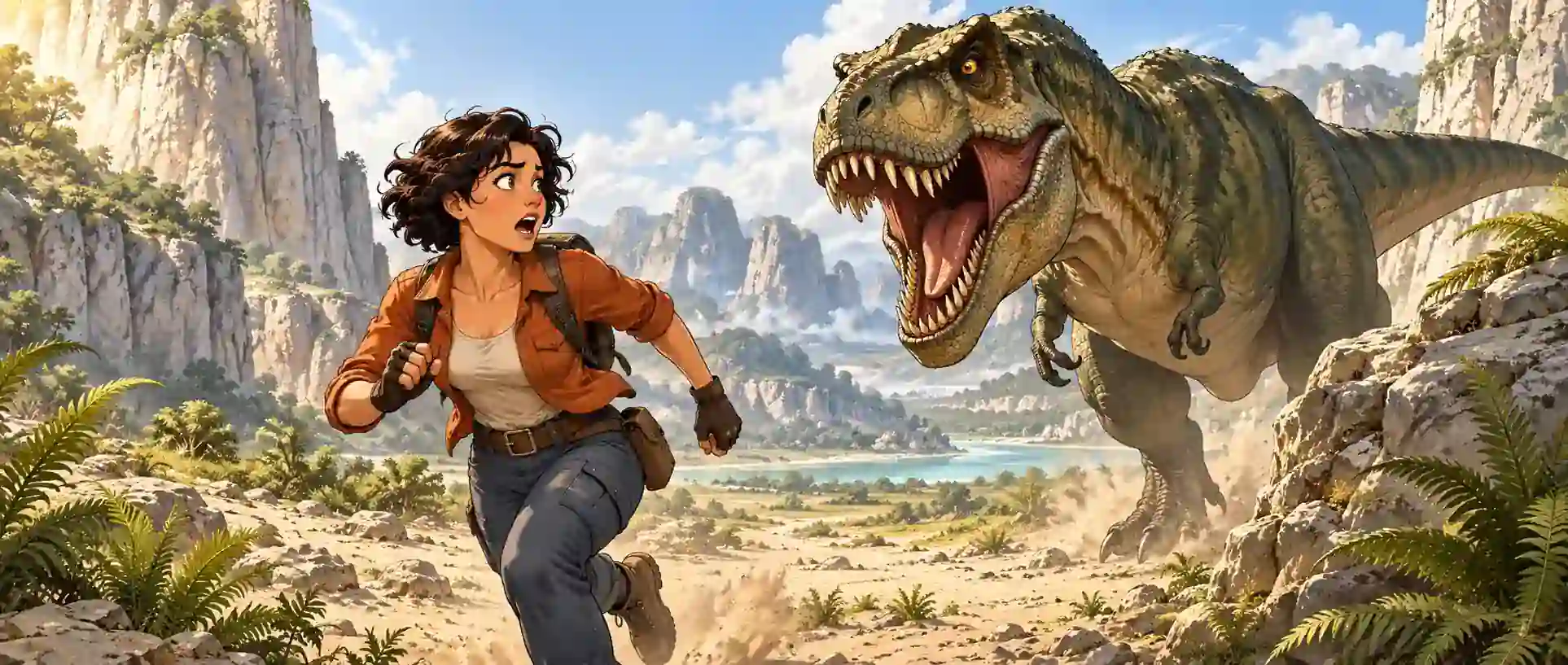 Tadqiqotchi ayol dinozavrdan qochmoqda