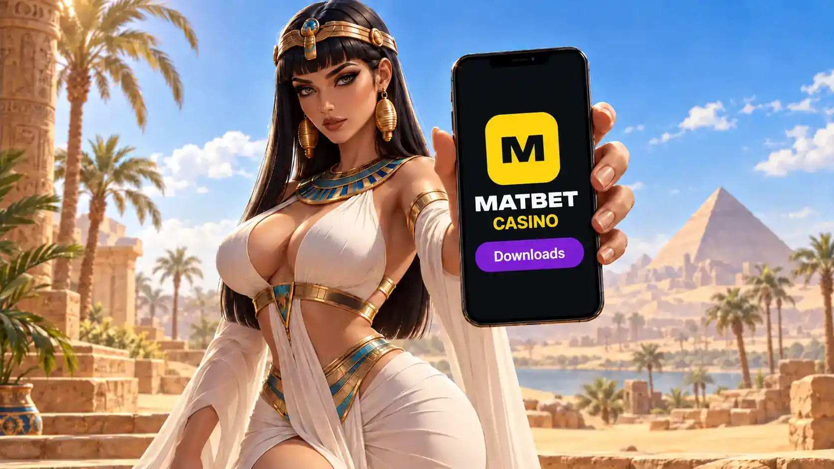 Misir üslubundakı qadın smartfonda MatBet Casino ekranını göstərir