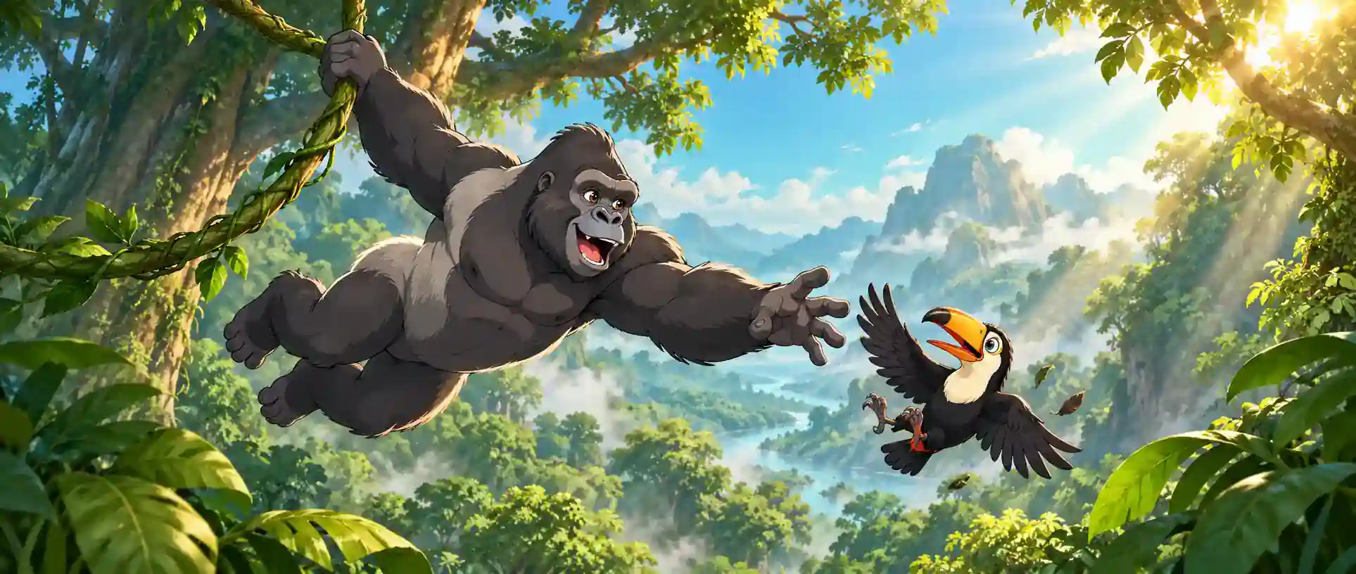 Gorilla o‘rmondagi lianada tukanga qo‘l cho‘zmoqda