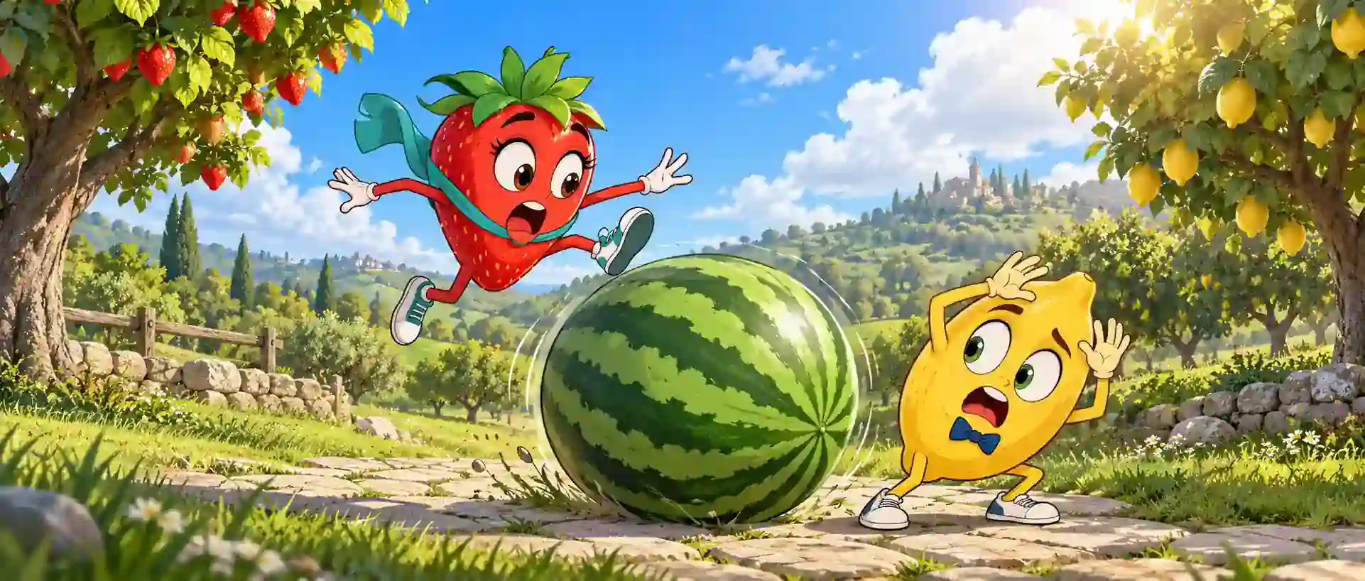 Qulupnay va limon dumalab kelayotgan tarvuzdan qochmoqda