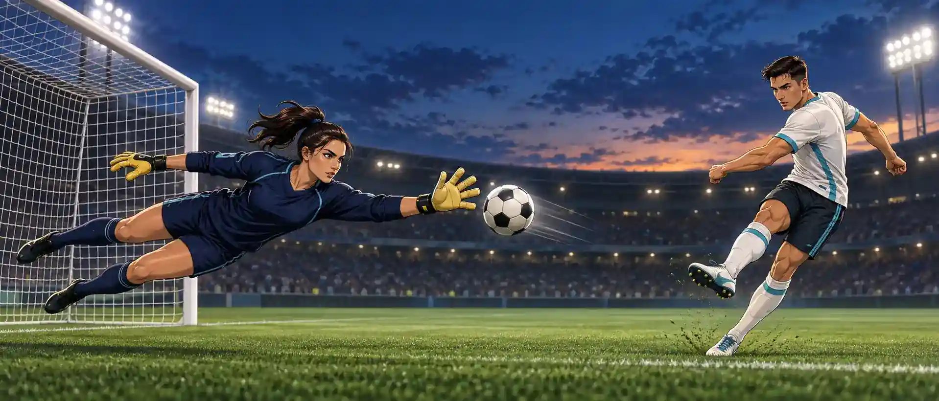Futbolchi zarbasidan keyin darvozabon to‘pga sakramoqda