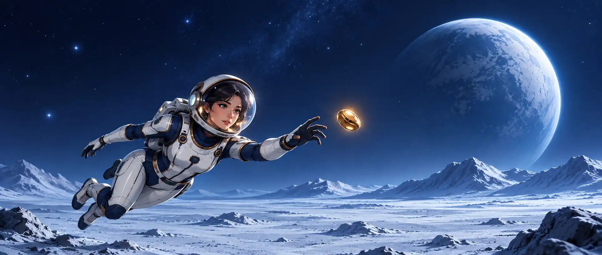 Astronavt sayyora fonida oltin halqaga qo‘l cho‘zmoqda