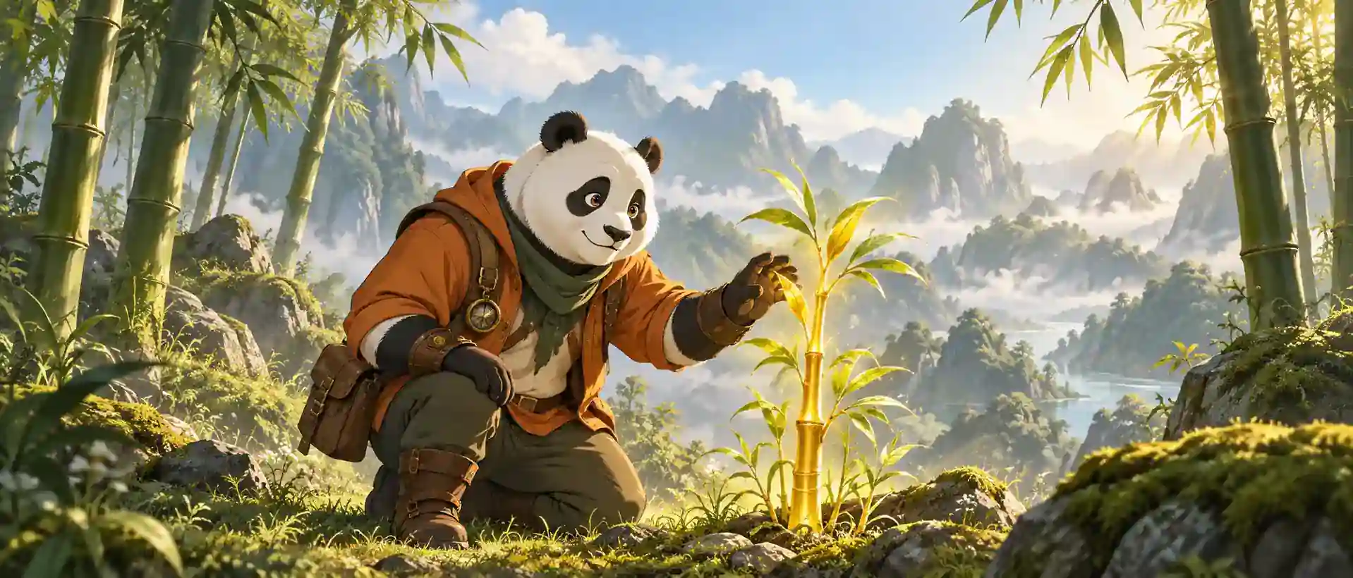 Yorug‘ nihol yonidagi bambuklar orasida panda