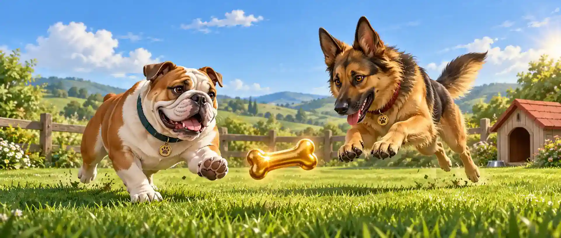 Bulldog va ovcharka maysazorda oltin suyak bilan o‘ynamoqda