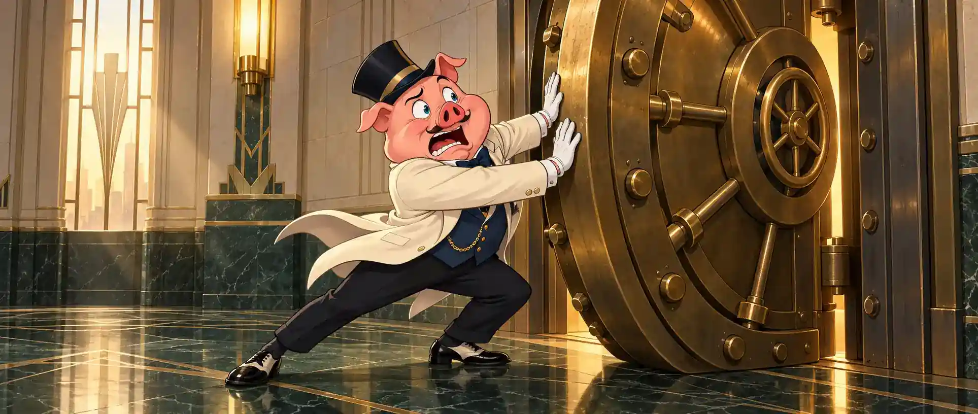Kostyumli cho‘chqacha bank ombori eshigini itarmoqda